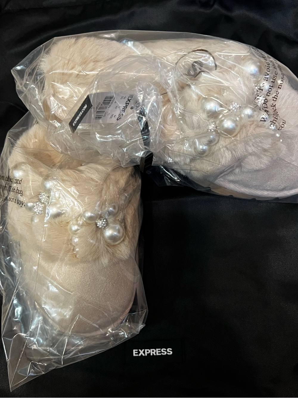 Express Sand Faux Fur Pearl Cluster Slippers - Size S